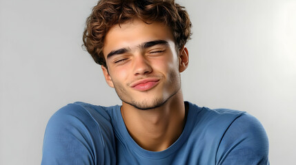 Fototapeta premium Young Man Closes Eyes and Puckers Lips in a Playful Expression Against a Neutral Background
