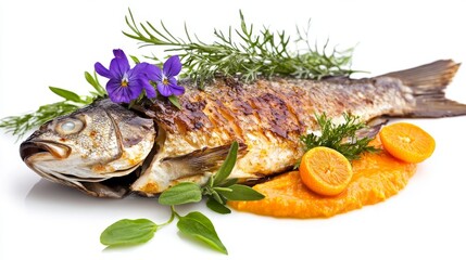 Pan-seared fish with golden scales, kumquat garnish, purple viola flowers, fresh herbs, carrot puree sauce, contemporary culinary art, clean white backdrop, gourmet styling