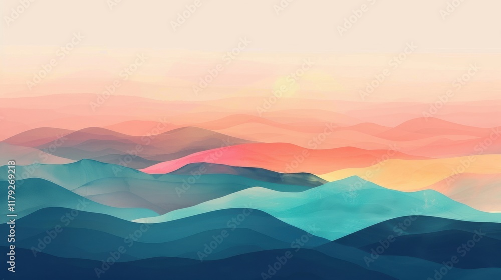 Poster this artwork features flowing layers of soft gradients, creating harmonious hills in tranquil hues a