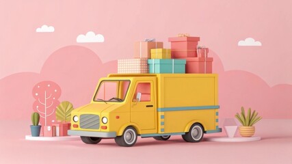 Obraz premium A vibrant yellow delivery truck loaded with colorful gift boxes, set against a soft pink backdrop with decorative plants and clouds.