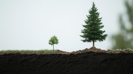 Obraz premium Split soil landscape showing a small tree on one side and a towering large tree on the other, symbolizing growth.