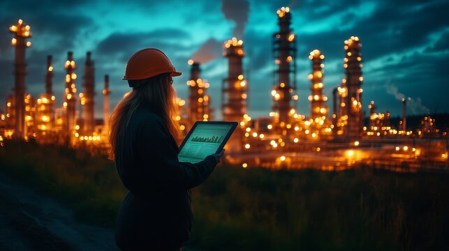 Female Engineer Reviews Data Near Illuminated Refinery