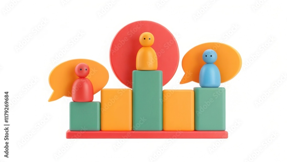 Poster colorful figures on a bar graph represent growth and communication, emphasizing teamwork and dialogu