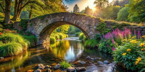Fototapeta premium Captivating Portrait of an Old Stone Bridge Surrounded by Lush Greenery, Capturing the Essence of Nature and Architectural Beauty in a Serene Landscape