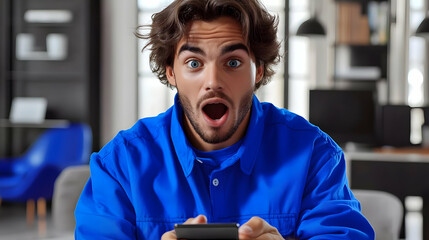 Shocked Man Reacts to Unexpected News on Calculator in Modern Office