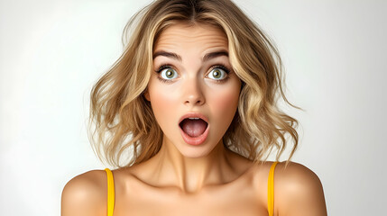Surprised Young Woman Opens Her Mouth Wide with Excitement and Amazement on a White Backdrop
