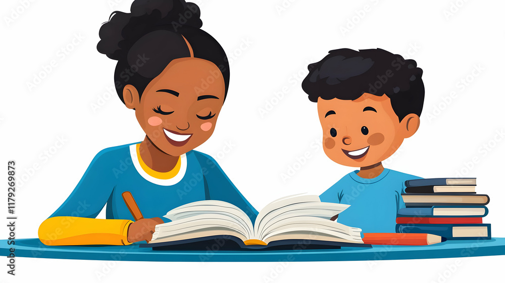 Poster two happy children read and learn together from an open book at a table