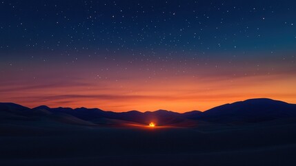 Fototapeta premium Sunset casts an orange hue on a tiny fire encircled by majestic dunes, as constellations slowly emerge in the twilight desert sky