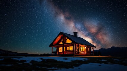 Cabin in the Stars, Night Sky, Stunning Landscape, AI Photo,  Dreamy Cabin, Celestial Beauty