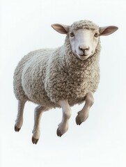 Fototapeta premium Fluffy sheep jumping mid-air against white background.