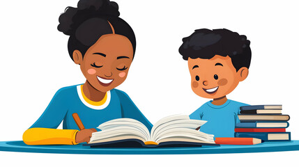 Two Happy Children Read and Learn Together from an Open Book at a Table