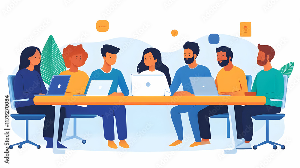 Poster diverse team collaborates on laptops around a table in a modern office setting