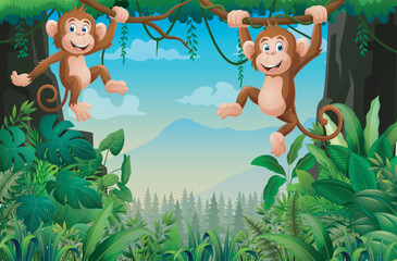Cartoon monkey playing in the jungle