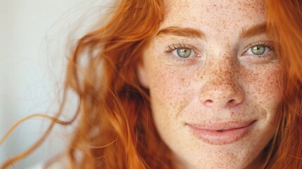 A serene redhead woman with freckles smiles gently, radiating warmth in a bright indoor setting during daylight hours