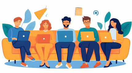 Five People Sit on a Couch Using Laptops, Engaging in Online Activities, in a Collaborative Setting.