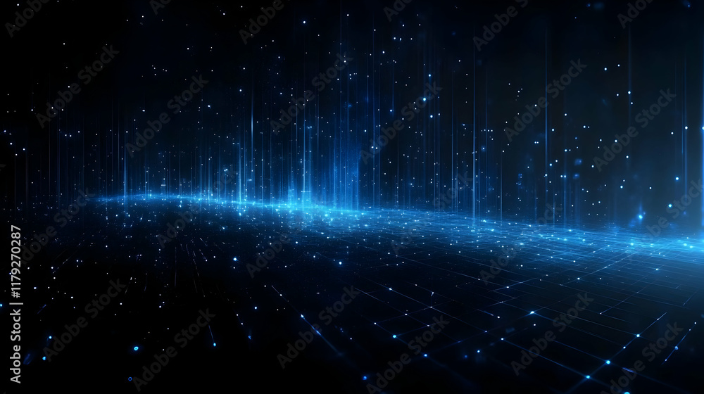 Poster abstract blue glowing particles and light rays illuminate a dark grid background