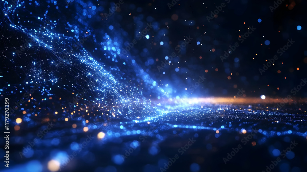 Poster abstract blue network with glowing particles flows elegantly across a dark background