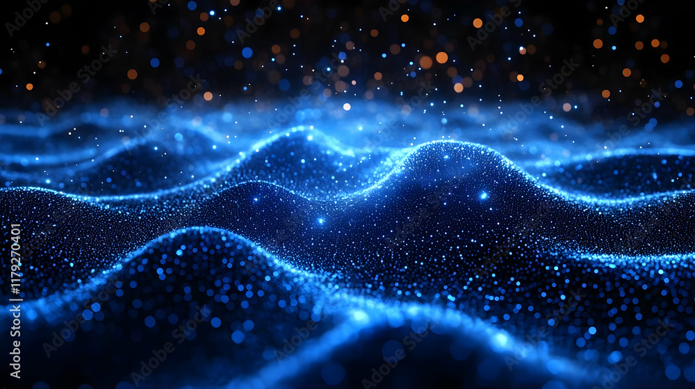 Poster abstract blue particle waves flowing smoothly with glowing light particles background