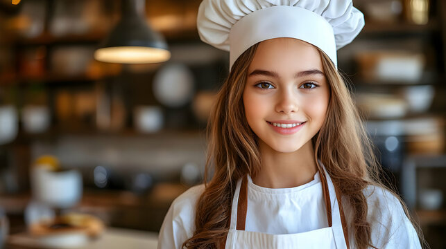 Young aspiring chef smiles brightly in a chef's hat and apron, ready to embark on a culinary journey in a warm kitchen.