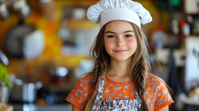 Young aspiring chef smiles confidently in her chef's hat and apron in a home kitchen setting, ready to cook.