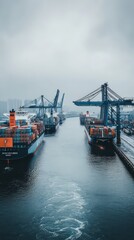 Fototapeta premium A harbor bustling with container ships and cranes, showcasing the heart of international shipping and trade.