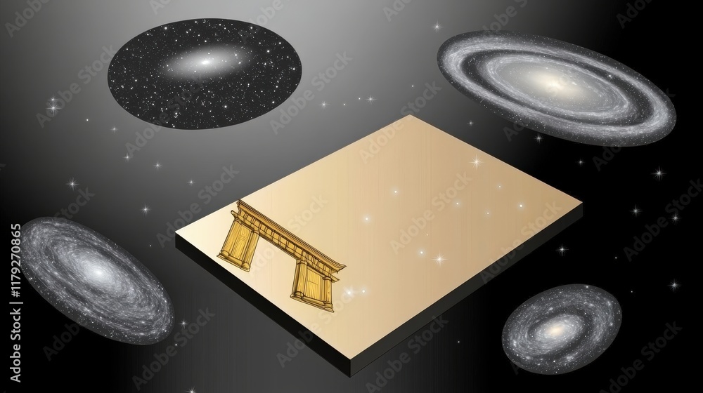 Poster abstract representation of the universe with a golden structure surrounded by galaxies in space