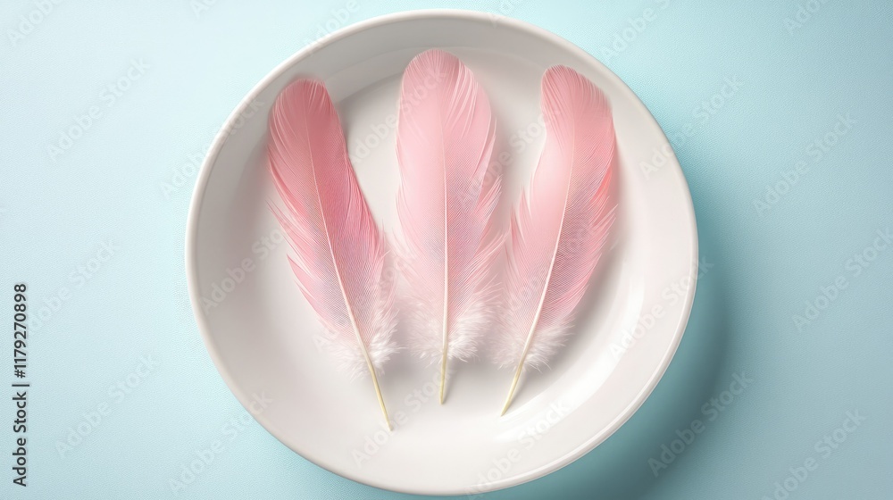 Poster three pink feathers on a simple white dish, representing simplicity and lightness. minimalistic diet