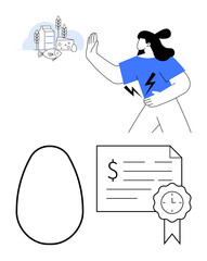 Individual in blue rejecting meat, dairy, and fish with an award certificate and an egg in the background. Ideal for themes of veganism, ethical choices, certifications, health, sustainability