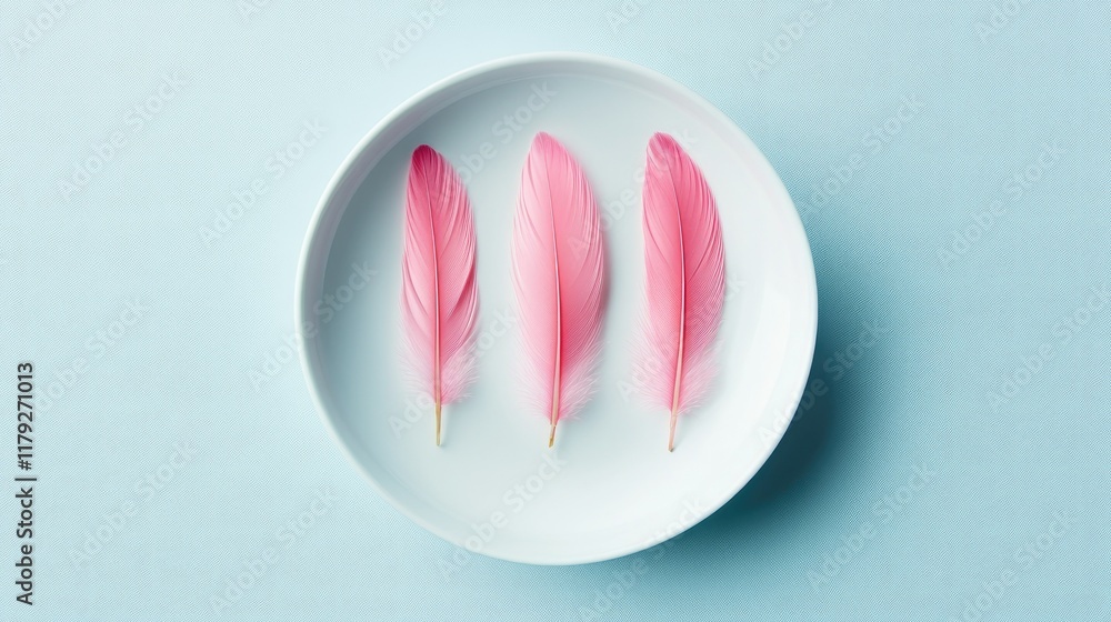 Poster three pink feathers on a simple white dish, representing simplicity and lightness. minimalistic diet
