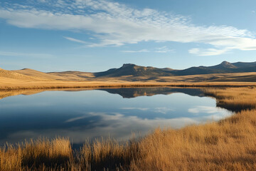 Serene lake reflecting a calm morning sky with mountain views
