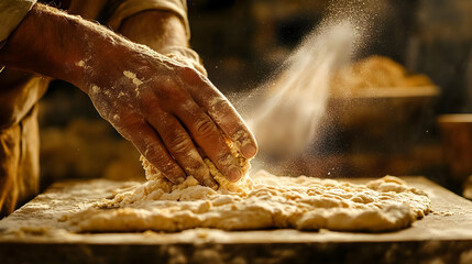 Baker Kneads Dough with Flour, Creating Culinary Magic in Warm Light