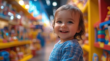 happy child in a toy store. gifts for children. portrait of a child
