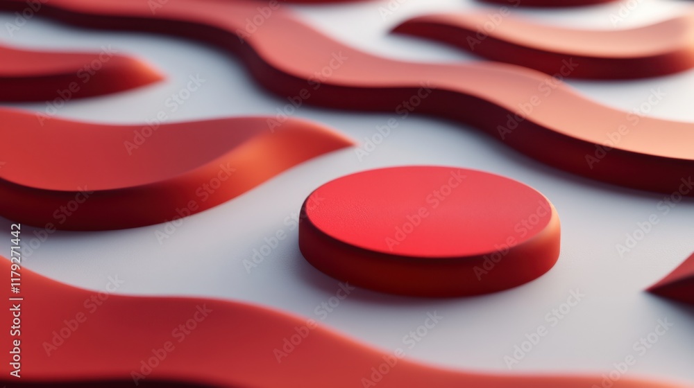 Poster a close-up of smooth red shapes, featuring wavy patterns and a prominent circular form, set against 
