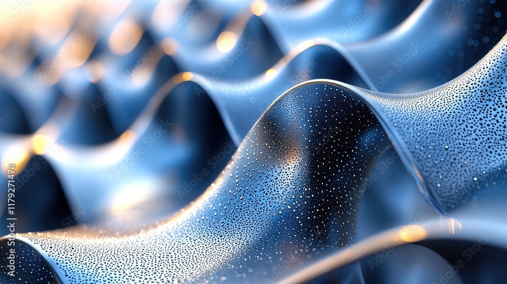 Poster abstract blue metallic waves: a close-up look at condensation and geometric forms in a digital rende