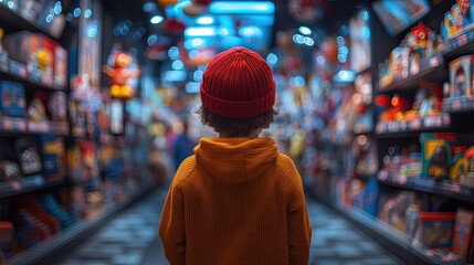 A child walks through a toy store. gifts for children.