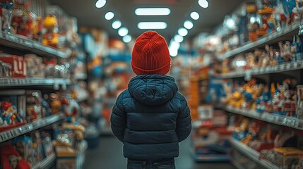 A child walks through a toy store. gifts for children.