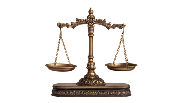 Antique Brass Scales of Justice: Symbol of Law, Balance, and Fairness for Legal Professionals and Websiteson white and transparent Background