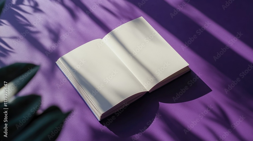 Poster top view of a plain sketchbook surrounded by soft shadows on a striking purple background with copy 