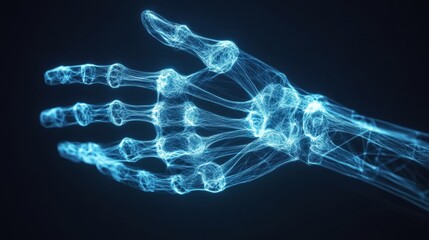 A glowing, digital representation of a human hand, highlighting bones and joints in a blue, futuristic style against a dark background.