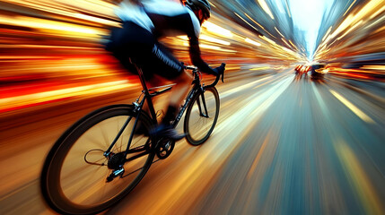 Cyclist rides through city streets at night with blurred motion.