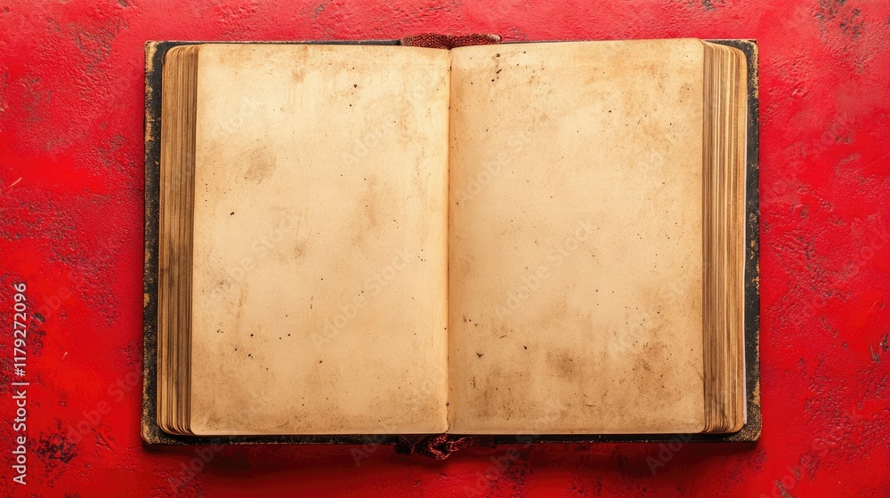 Poster top view of an open blank sketchbook on a vivid red background, with ample copy space for creativity