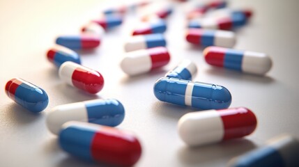 Colorful capsules scattered on a surface, showcasing a blend of red and blue colors, suggesting a pharmaceutical or health-related theme.