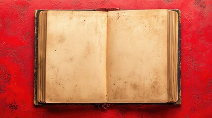 Top view of an open blank sketchbook on a vivid red background, with ample copy space for creativity and design