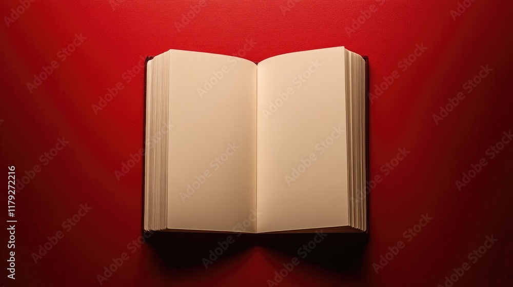Poster top view of an open blank sketchbook on a vivid red background, with ample copy space for creativity
