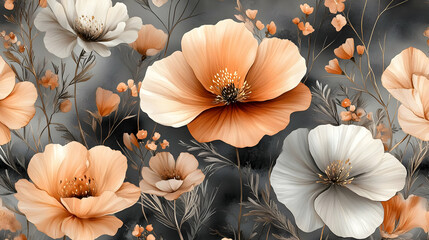 Elegant Peach and White Flowers Bloom Beautifully on a Dark Gray Background