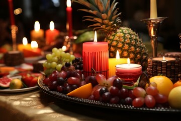 Lighted candles create a warm ambiance, highlighting a vibrant display of grapes, pineapple, and other fruits arranged on a platter for a celebration