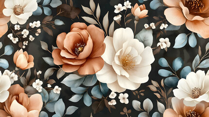 Large Flowers and Small Flowers Bloom Beautifully on Dark Background, Seamless Pattern Illustration.