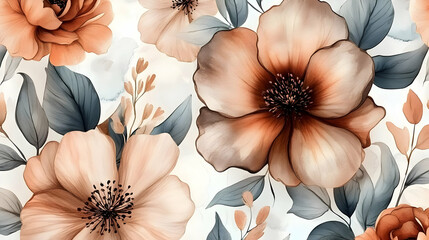 Large Peach-Colored Flowers Bloom Beautifully with Soft Gray-Green Leaves and Subtle Watercolor Background