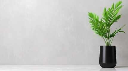 A modern black planter with green foliage against a minimalist gray background.