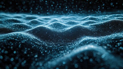 Abstract Blue Particle Wave Background: Digital Art, Futuristic Technology, Science Fiction, Sparkling Energy Flow, Modern Design, Dark Space, Network Structure